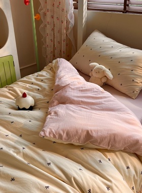 ins少女心软糯奶油黄蝴蝶结被套四件套公主风水洗棉宿舍床单3件套