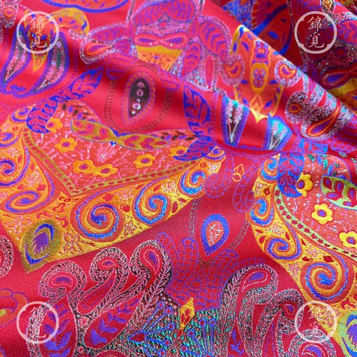一路繁花宋锦玫红汉服面料