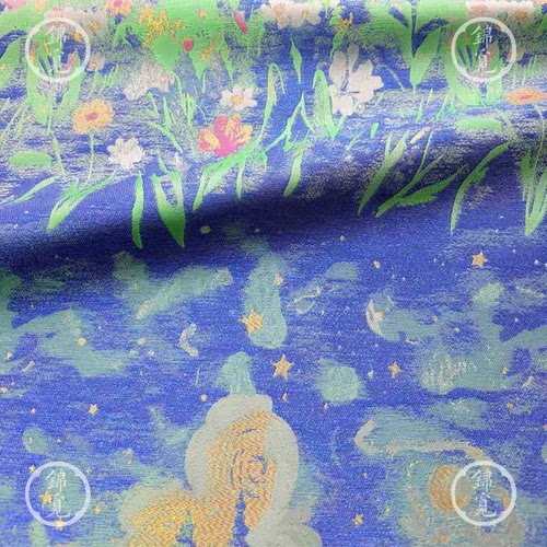 莫奈睡莲蓝花卉锦缎汉服面料