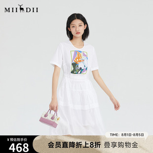 甜美中长裙拼接收腰圆领短袖 谜底夏新款 高腰连衣裙235ML6011