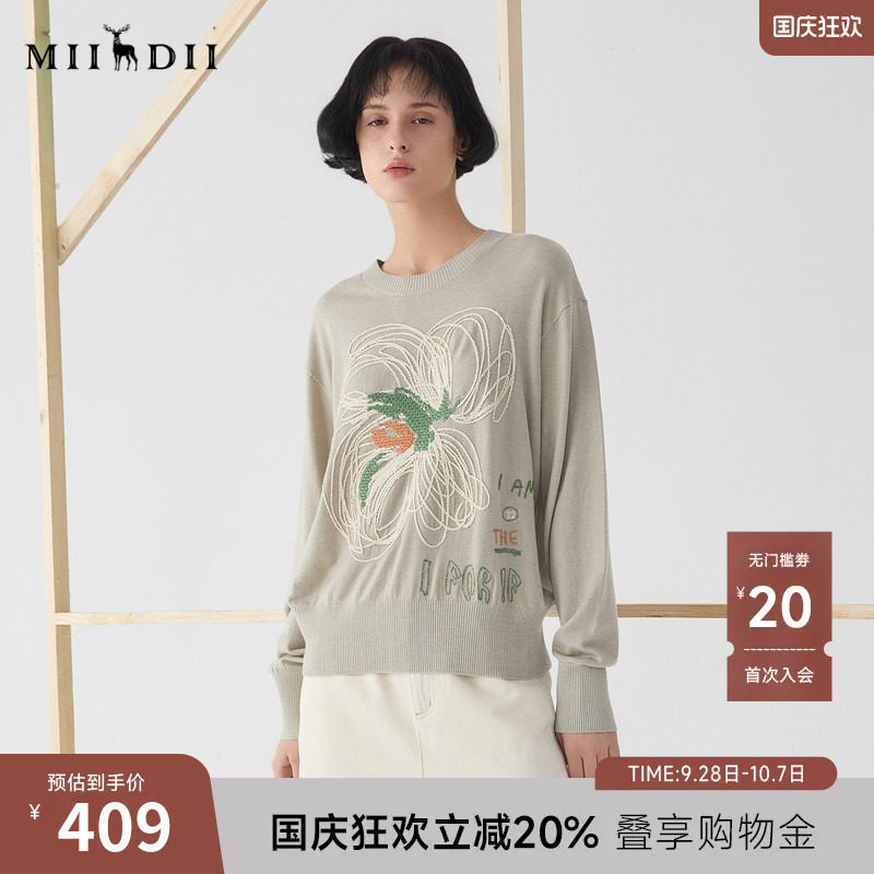 谜底圆领毛衫2025春新品随性慵懒羊毛混纺套头针织衫女251MZ0318图片