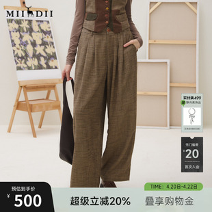 谜底阔腿裤女2025秋回归乡野复古格纹阔腿松紧腰休闲裤253MK1111