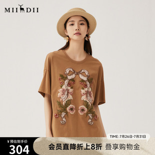 女秋新品 谜底大廓形T恤短袖 复古贴布绣纯棉宽松上衣243MT0957