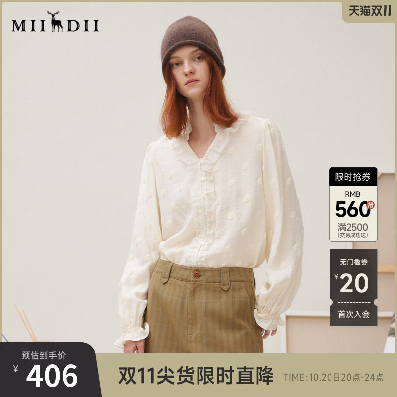谜底衬衣长袖女2025秋季新品通勤风时尚波点V领花边衬衫253MC1264