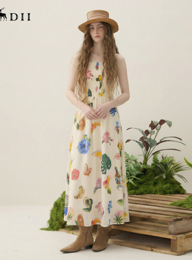 谜底苎麻连衣裙长裙2025秋季新款复古水果印花吊带裙子257ML7843