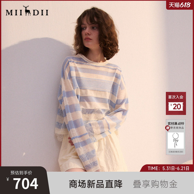 谜底短款套头针织衫长袖2026年春季新品条纹拼接蕾丝女261MZ0313