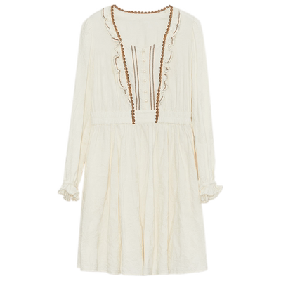 谜底纯棉连衣裙长袖女秋新款时尚气质X型收腰中长裙233ML1115