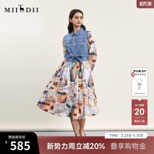 复古主题印花长裙女241ML0105 春款 谜底牛仔拼接式 连衣裙长袖