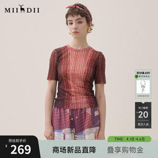 2026年夏新品 收褶弹力显瘦女262MT0601 T恤短袖 谜底复古红格打底衫