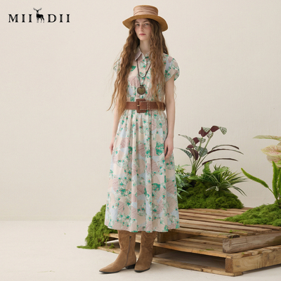 谜底花色连衣裙短袖2025秋季新款复古文艺花苞袖长裙子257ML7860