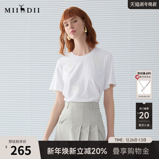 圆领百搭基础宽松刺绣上衣251MT0058 新品 谜底白T恤短袖 女2025春季