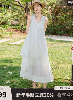 谜底白色连衣裙无袖2025夏新波嬉度假风圆领大摆A型长裙256ML6251