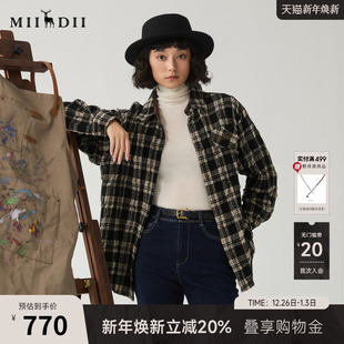 新品 女冬季 宽松羊毛混纺衬衣244GC1484 长袖 谜底黑白格子衬衫