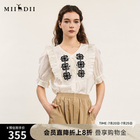 謎底繡花上衣短袖女年夏新品復(fù)古宮廷風(fēng)木耳邊襯衣242MS0603