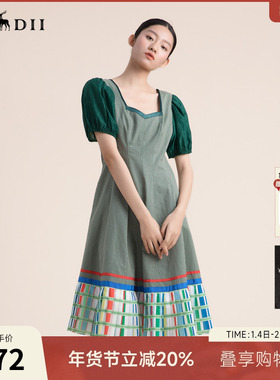 谜底短袖纯棉连衣裙2022夏款复古泡泡袖收腰显瘦中长裙222ML0607
