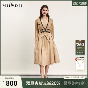 谜底毛织拼接连衣裙长袖 复古气质长裙大摆裙241ML0129 春新款