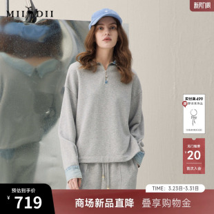 撞色拼接牛仔休闲时尚 新品 女261MV0223 2026春季 谜底翻领卫衣长袖