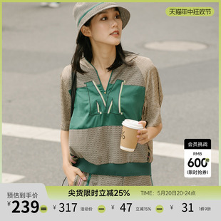 时髦复古拼接休闲连帽上衣女225MV6063 谜底卫衣女2022春秋款 时尚