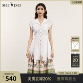 谜底下摆印花连衣裙年夏季 文艺风V领收腰中长裙242ML0685 新品