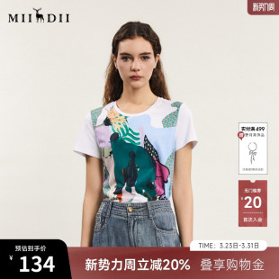 圆领修身 谜底印花T恤短袖 复古法式 新款 上衣241MT0128 女春季