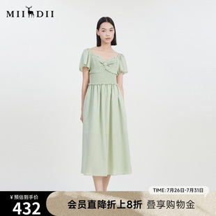 谜底方领连衣裙短袖 简约文艺设计感长裙232ML0570 女夏季 新款