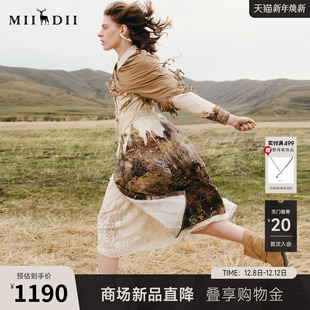 谜底连衣裙长袖 女25秋回归乡野翻领印花可调节收腰长裙253ML1082