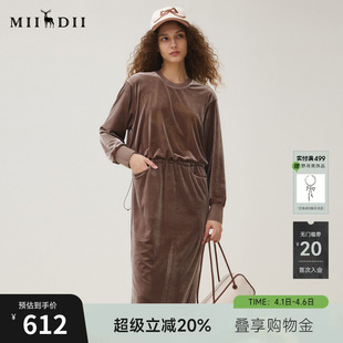 新品 丝绒抽绳腰手绘印花长裙253ML1230 女2025秋季 谜底连衣裙长袖