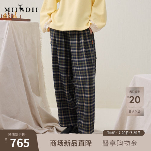 复古格纹阔腿裤，立体腰褶，橡筋后腰