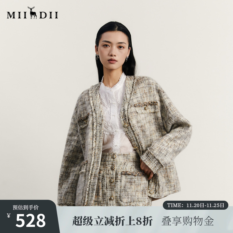 小香风大衣，粗花呢面料文艺复古