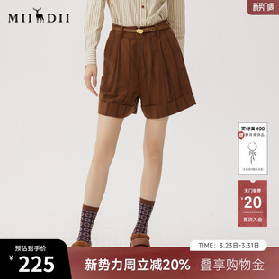 子243MK1209 通勤风百搭直筒棉麻裤 谜底棕色条纹短裤 女秋新品