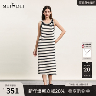 中长裙241ML0117 文艺风条纹亲肤修身 谜底连衣裙无袖 女春新款