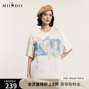 文艺风圆领绣花上衣242MT0593 谜底中长款 T恤短袖 女年夏季 新品