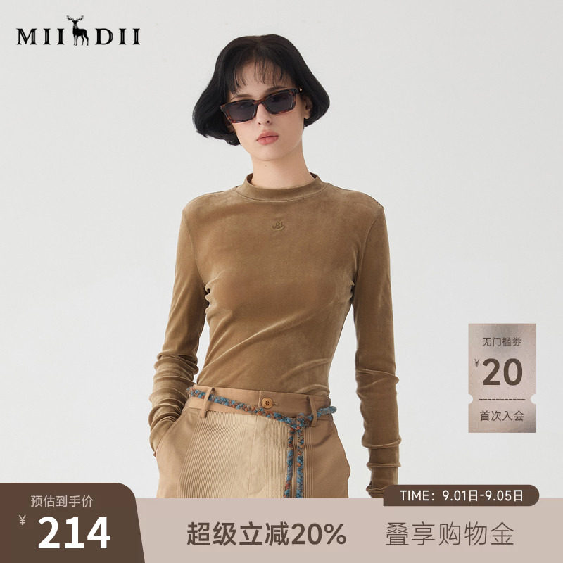 谜底丝绒半高领T恤长袖女2025春款极简修身百搭内搭上衣251MT0143图片