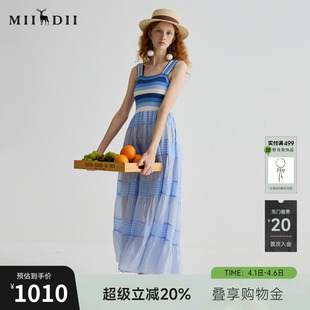 新品 度假蓝条纹紧身吊带长裙252ML0681 女2025夏季 谜底连衣裙无袖