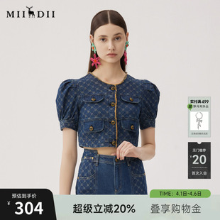 女夏款 复古风牛仔提花单排扣外套247MW5019 上衣短袖 谜底短款