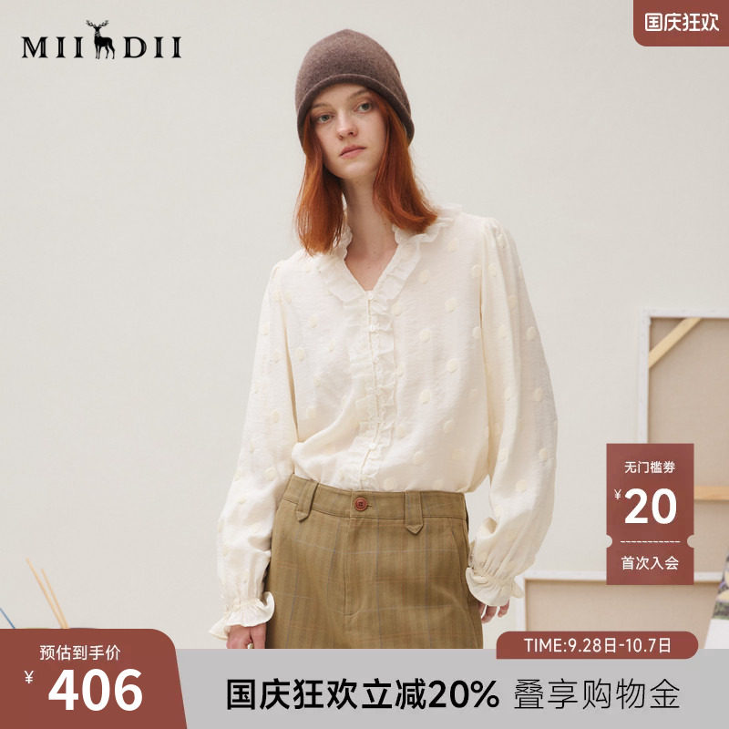 谜底衬衣长袖女2025秋季新品通勤风时尚波点V领花边衬衫253MC1264图片