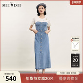 休闲钉珠绣连衣裙短袖 谜底拼接牛仔长裙2024年夏款 时尚 242ML0559