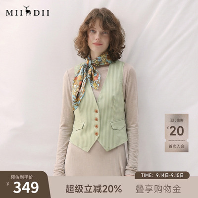 谜底无领西装马甲女2025秋新款复古风修身条纹拼接马夹257MM7721