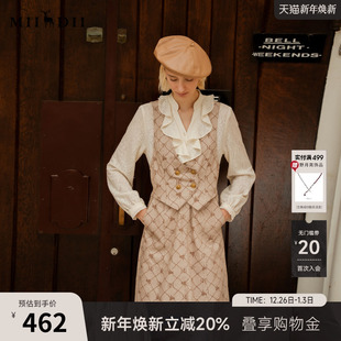 谜底连衣裙冬新款 复古提花拼接牛仔假两件中长裙女234ML1598