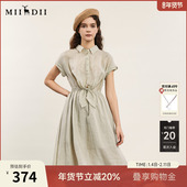 谜底连衣裙短袖 2024年夏款 通勤风简约苎麻收腰中长裙子242ML0620