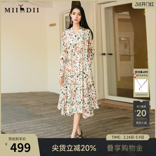 谜底花色连衣裙长袖25秋回归乡野复古风抽象印花中长裙257ML7755