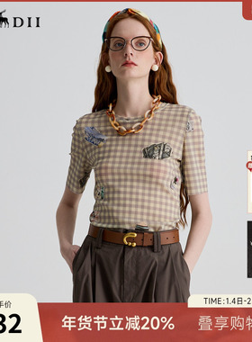 谜底T恤短袖女2025夏季新品复古风日常紧身X型薄款上衣252MT0679