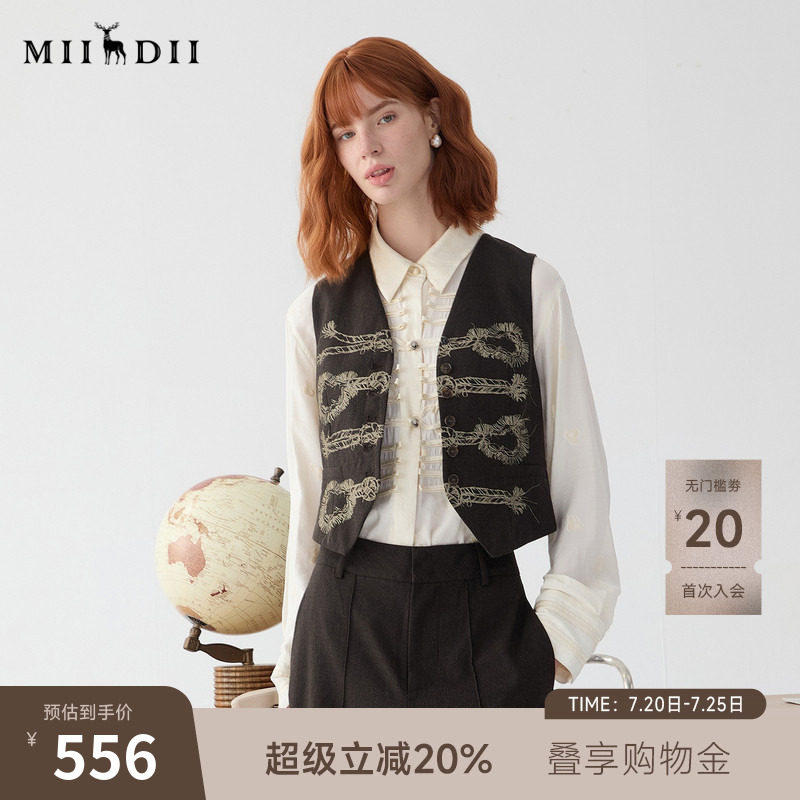 谜底西装马甲女2025春新品复古手绘绳结扣印花修身马夹251MM0079
