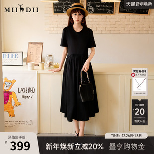 256ML6501 简约圆领大摆中长裙短袖 谜底小黑裙连衣裙2025夏季 新款