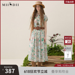 谜底花色连衣裙短袖2025秋季新款复古文艺花苞袖长裙子257ML7860