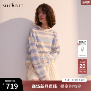 新品 谜底短款 2026年春季 长袖 条纹拼接蕾丝女261MZ0313 套头针织衫