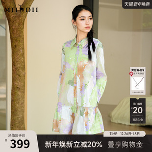 谜底花色连衣裙长袖 复古百搭荷叶边下摆短裙257ML7830 2025秋新款