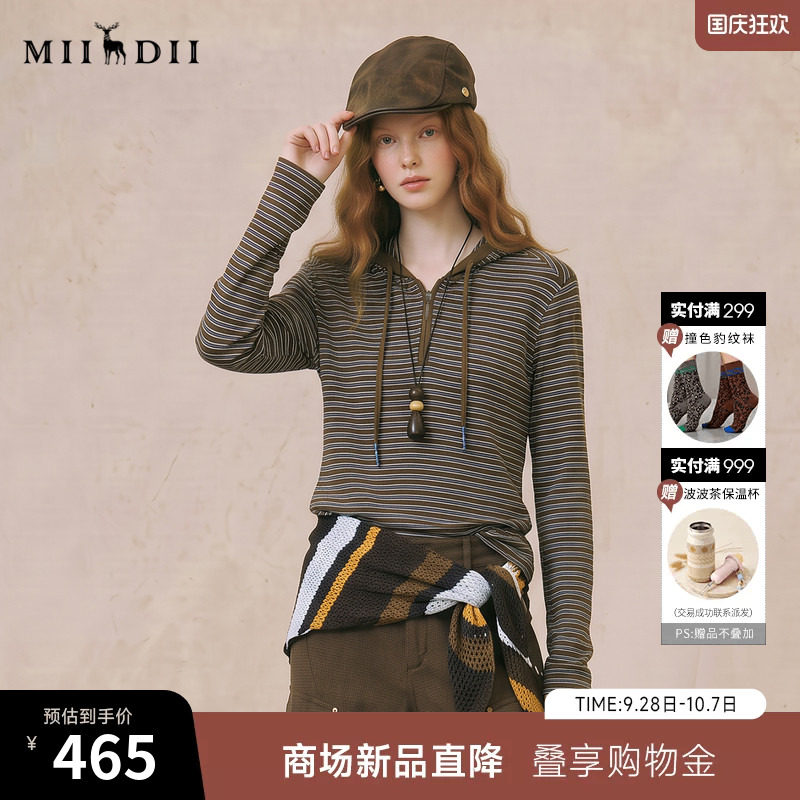 谜底连帽打底T恤长袖2026冬季新品细条纹半开拉链弹力女264MT1314图片