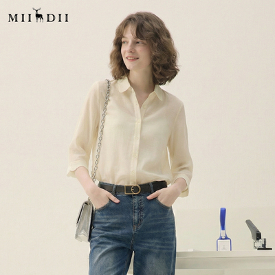 谜底微透衬衫七分袖女2025夏帕斯蒂尔风通勤亲肤衬衣256MC6005