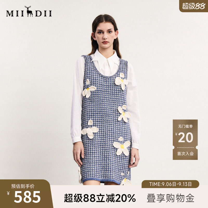 谜底针织连衣裙无袖春款复古文艺风花朵绣花直筒裙241MZ0312图片